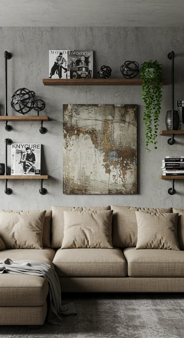 Industrial pipe shelves hold decor around a large, distressed abstract art panel.