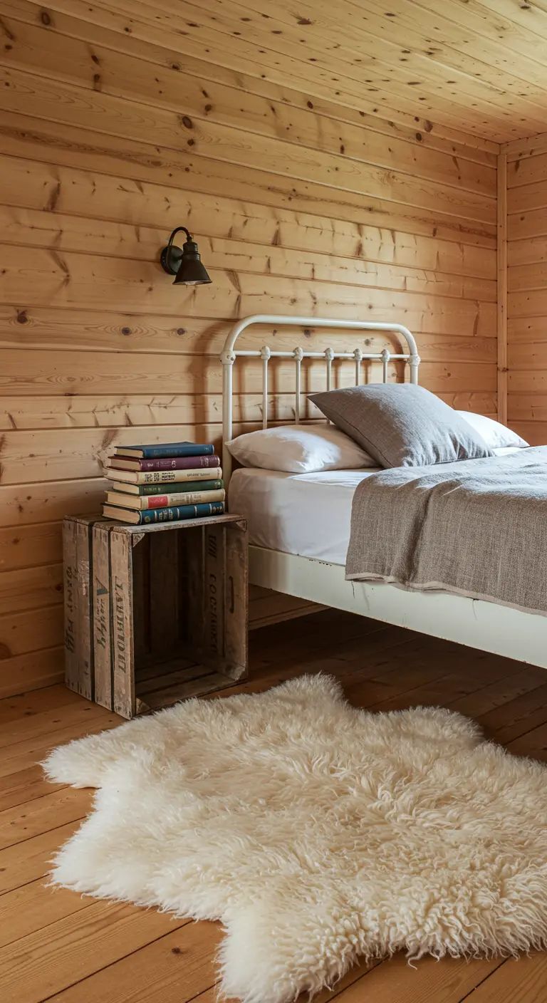 Rustic bedroom with wood walls, a white metal bed, and a crate nightstand.
