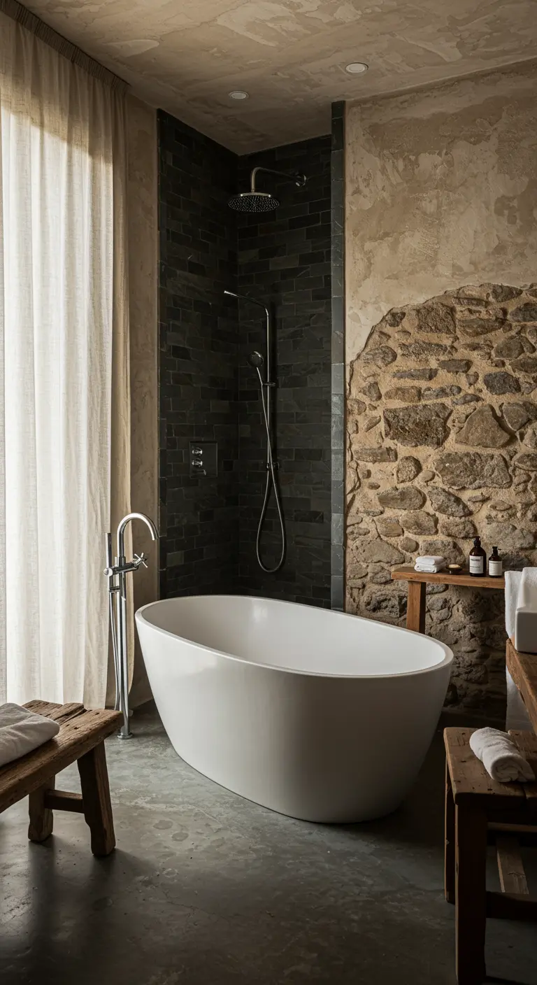 Bathroom blending a rough stone wall with a modern tub and concrete floor.