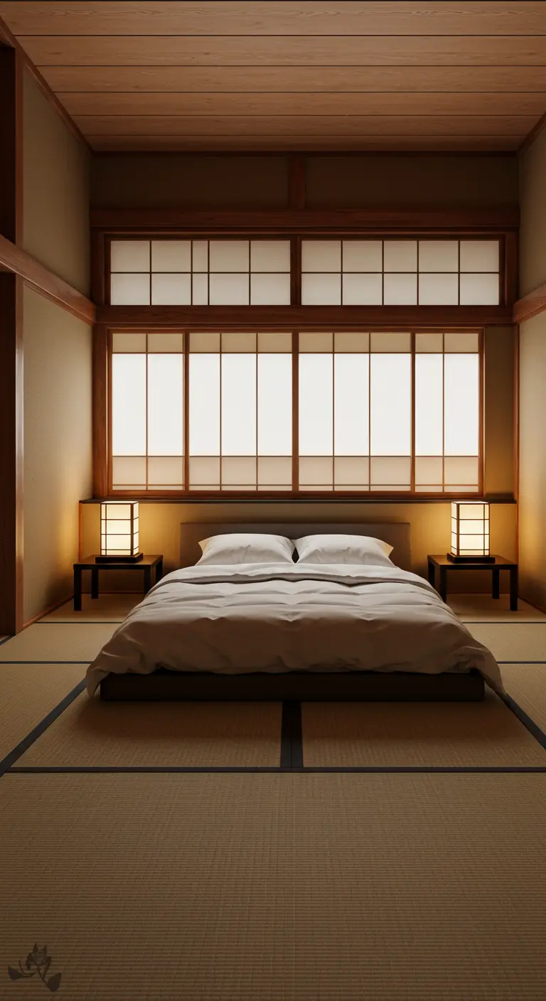 Symmetrical bedroom with a low bed centered in front of a shoji screen, flanked by matching lamps.
