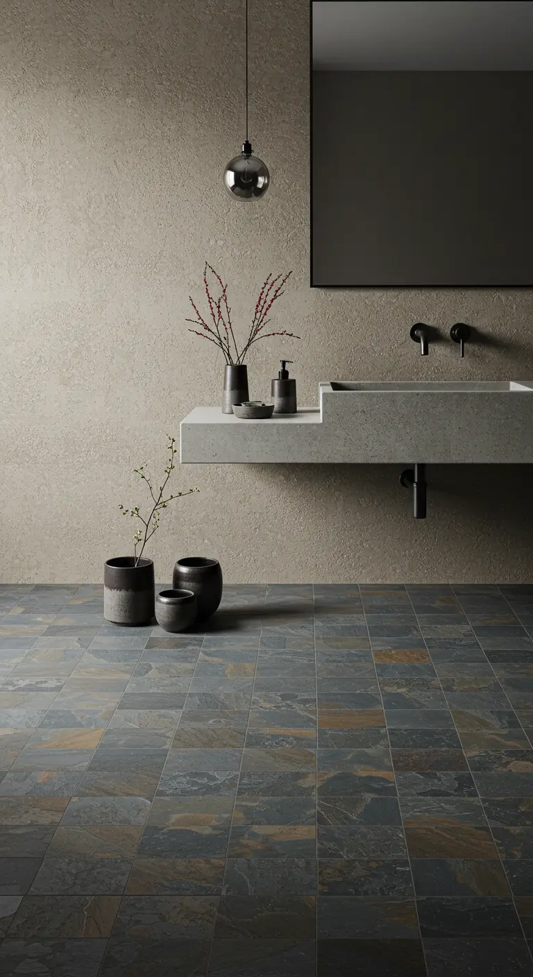 Moody bathroom with a floor of dark slate tiles showing natural color variations.