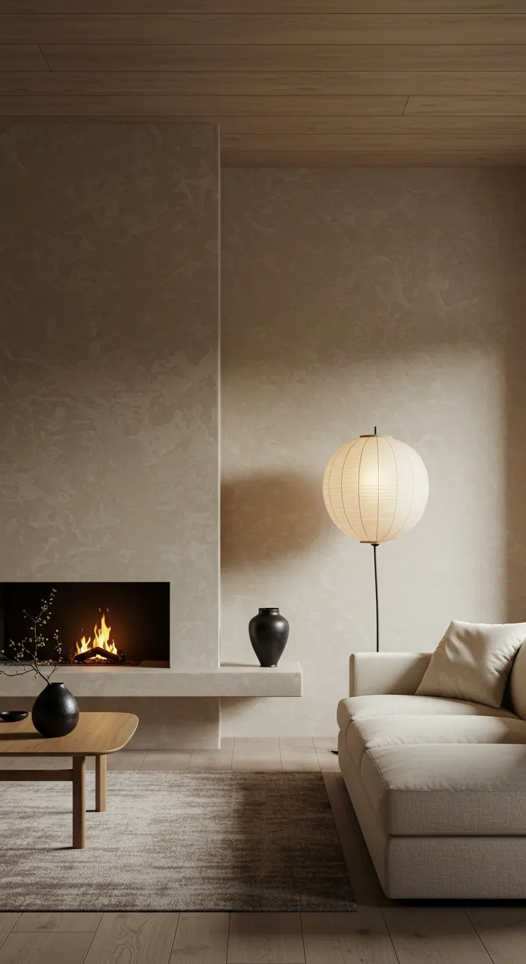 Japandi-style living room with a minimalist fireplace, a cream sofa, and a large paper lantern floor lamp.