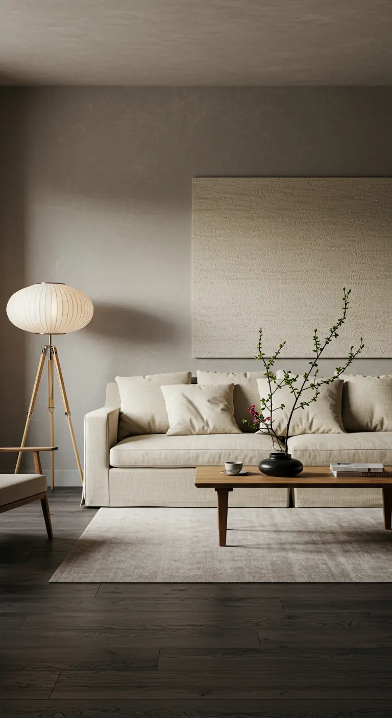 Japandi living room with a low linen sofa, paper lantern lamp, and a single branch in a vase.