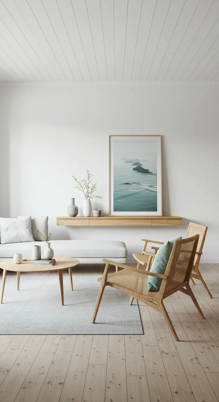 Minimalist living room with woven chairs and a floating wood shelf holding simple decor.