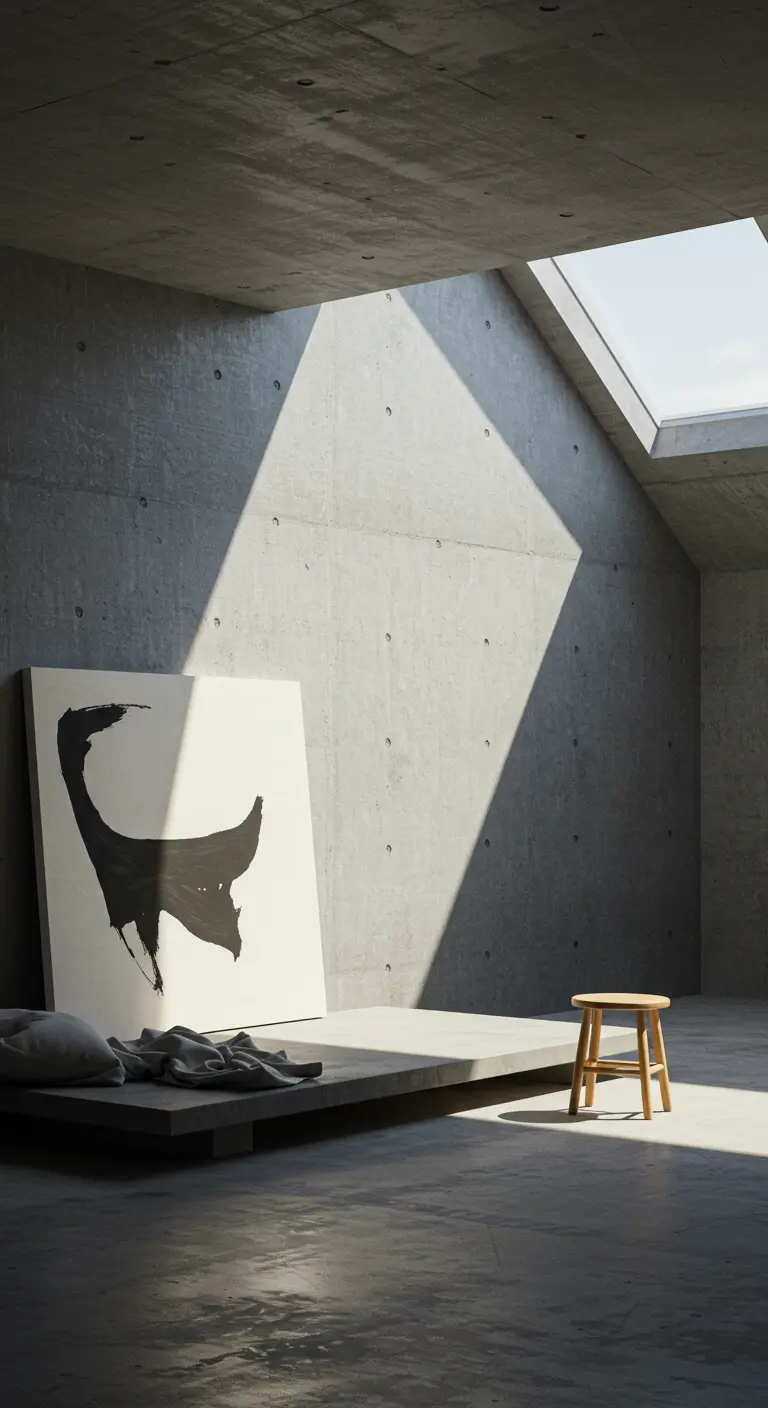 A minimalist concrete room with a floor platform bed, a large abstract canvas, and a skylight.