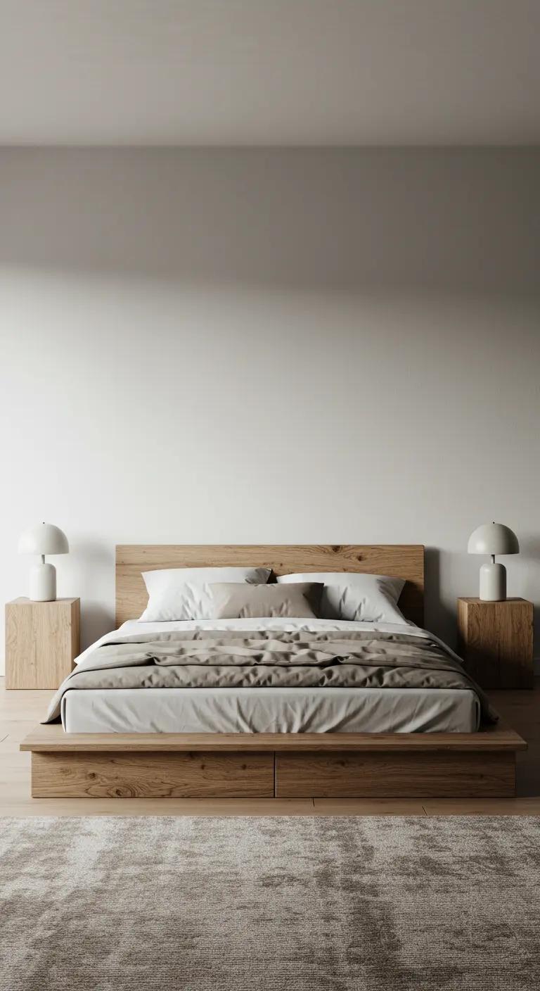 Symmetrical bedroom layout with a low wood bed and matching block nightstands and lamps.