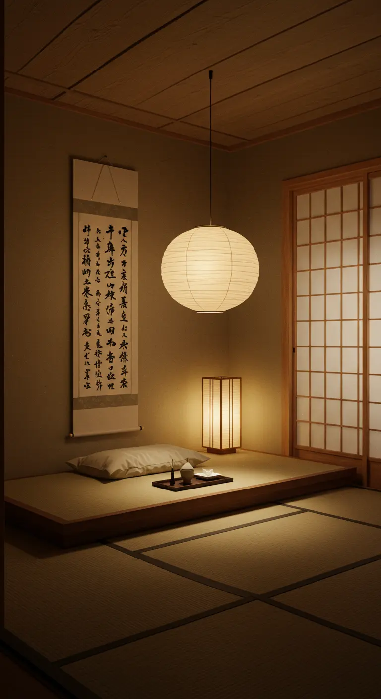 A minimalist Japanese-style room with a tatami mat and a single paper lantern.