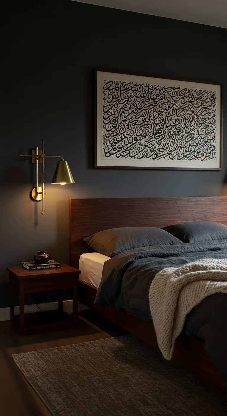 Moody bedroom with dark charcoal walls, a wood headboard, and a brass wall sconce.