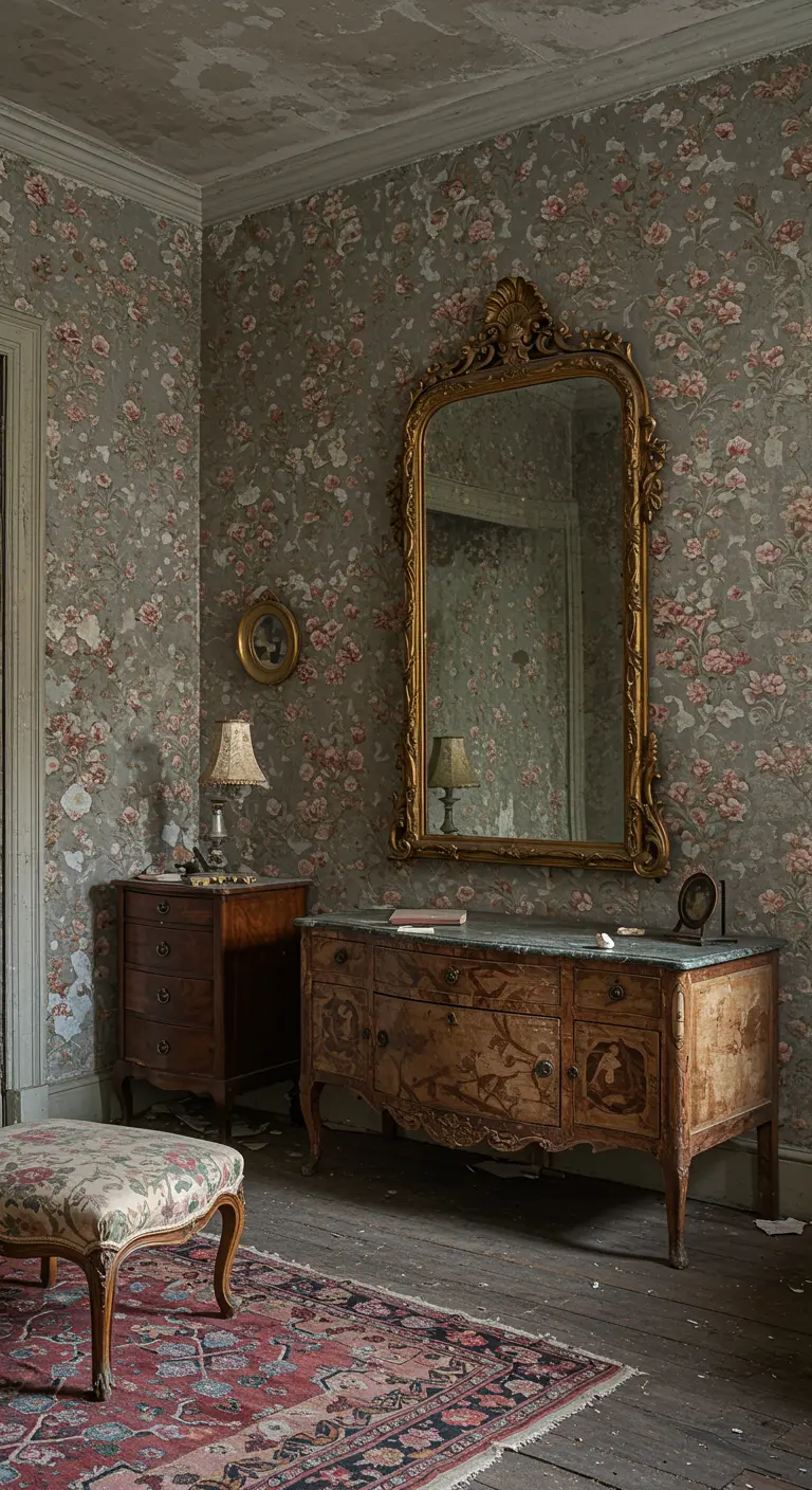 Distressed bedroom with peeling floral wallpaper, a gold mirror, and an antique commode.
