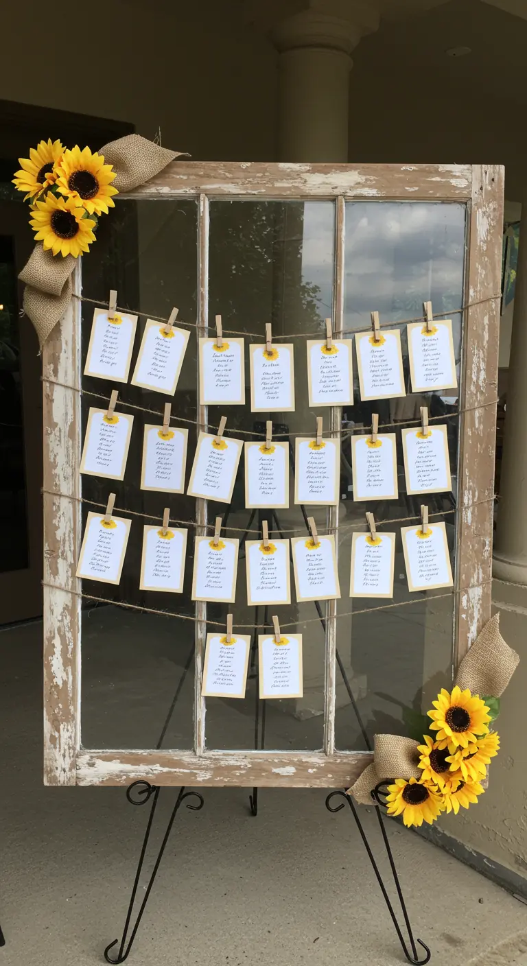 A seating chart made from an old window frame, twine, and cards, decorated with sunflowers.