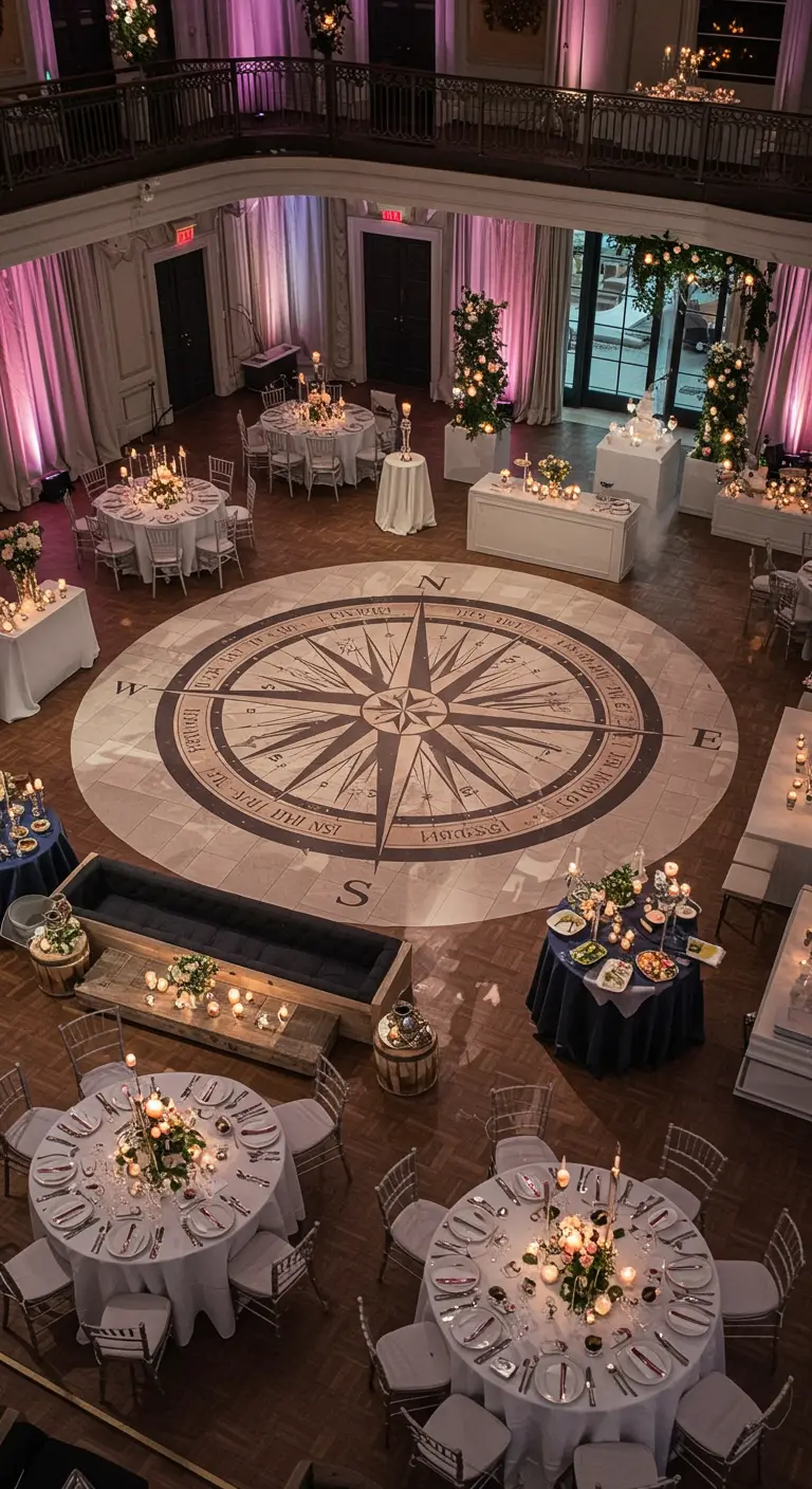 Overhead view of a large event space with a giant compass rose on the floor.