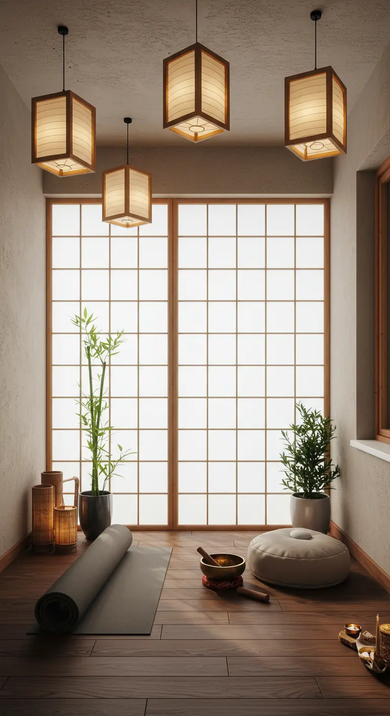 A minimalist indoor balcony space with shoji screens, a yoga mat, and a bamboo plant.