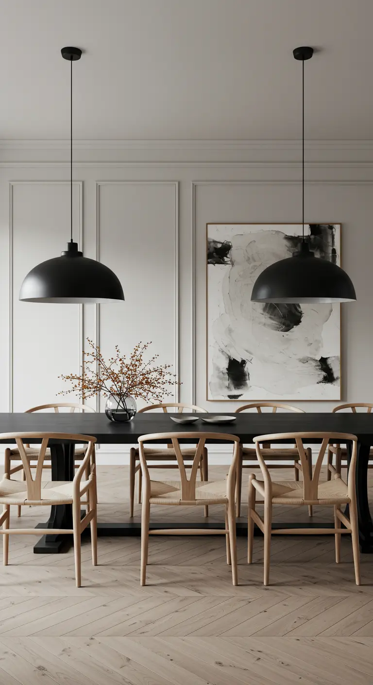 A symmetrical dining room with a long black table, two black pendants, and wishbone chairs.