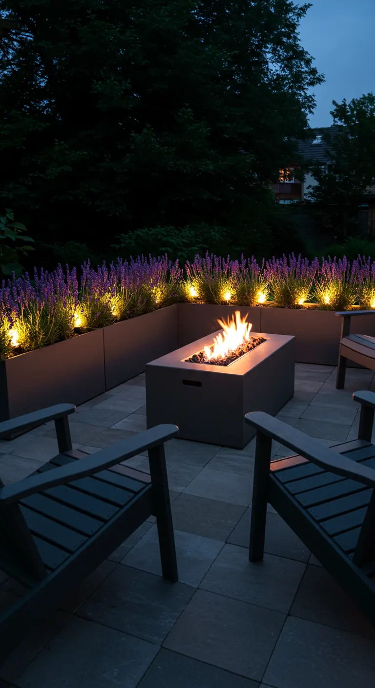 A patio at night with two chairs facing a fire pit, with a row of lavender dramatically uplit behind them.