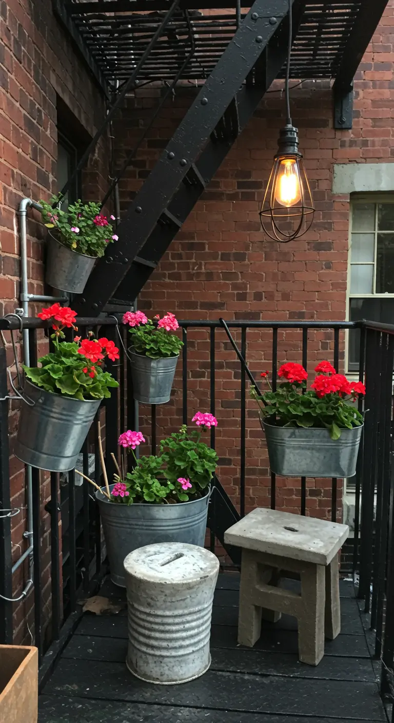A fire escape decorated with geraniums in hanging galvanized metal buckets.
