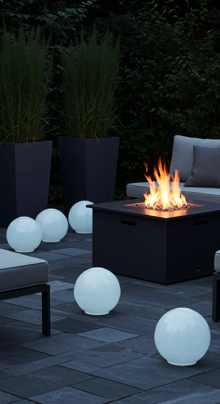 A modern patio with a square fire pit, dark furniture, and glowing white orbs on the ground.