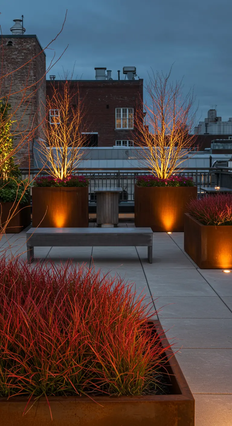 Rooftop planters with red-tipped grass and bare trees illuminated to look like fire.