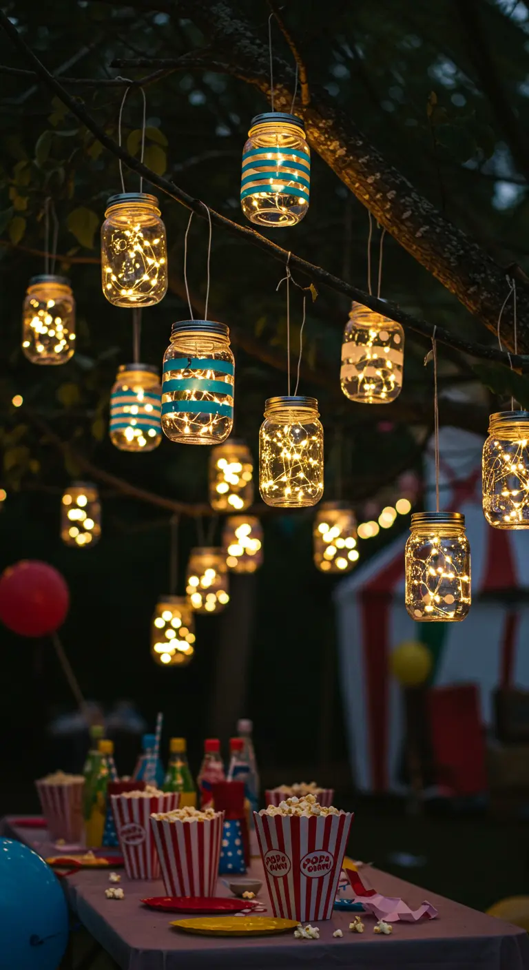 Mason jars filled with fairy lights hanging from a tree branch over a party table.