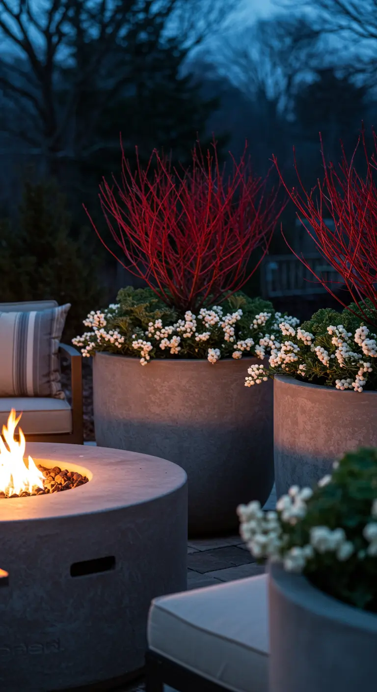 Large concrete planters with red dogwood next to a modern fire pit at dusk.