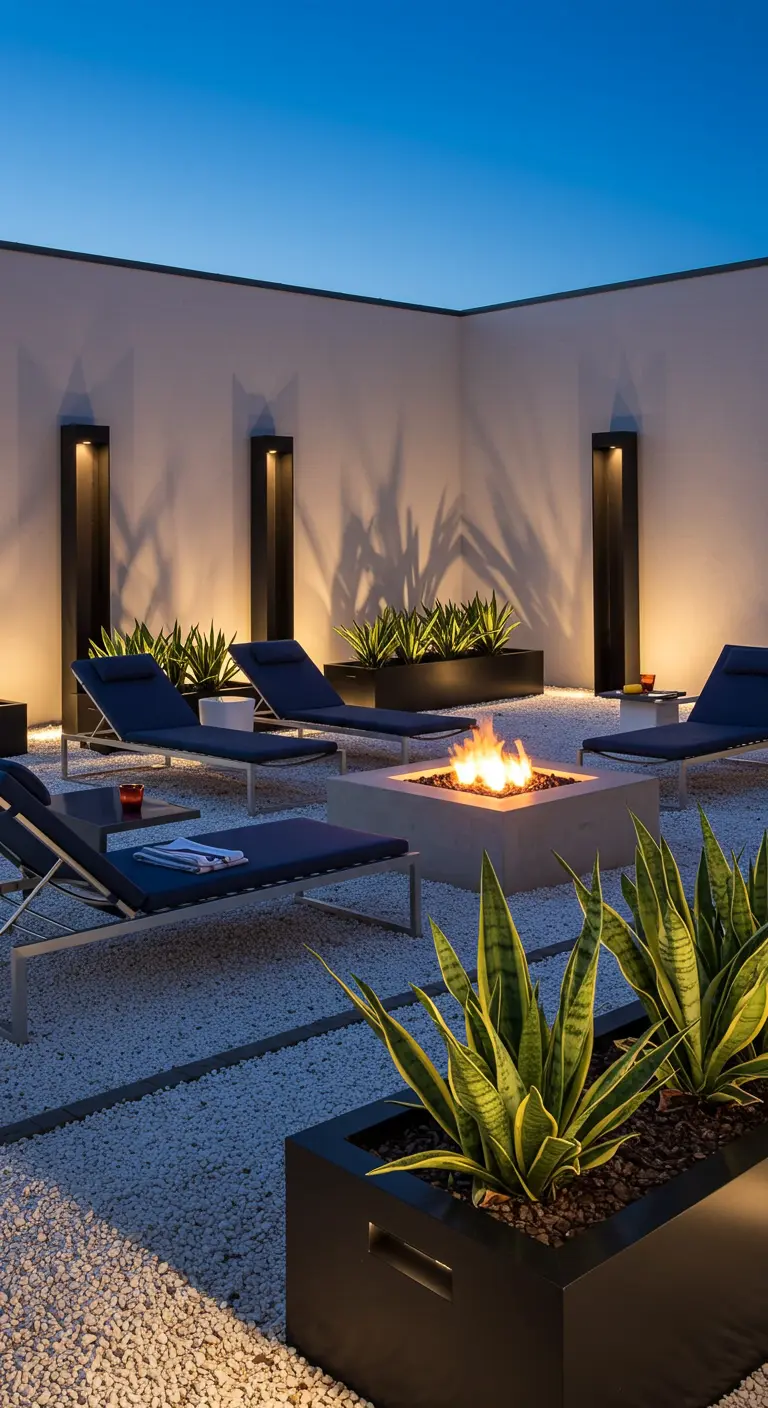 A modern courtyard at night with a fire pit, blue chaise lounges, and dramatic uplighting.