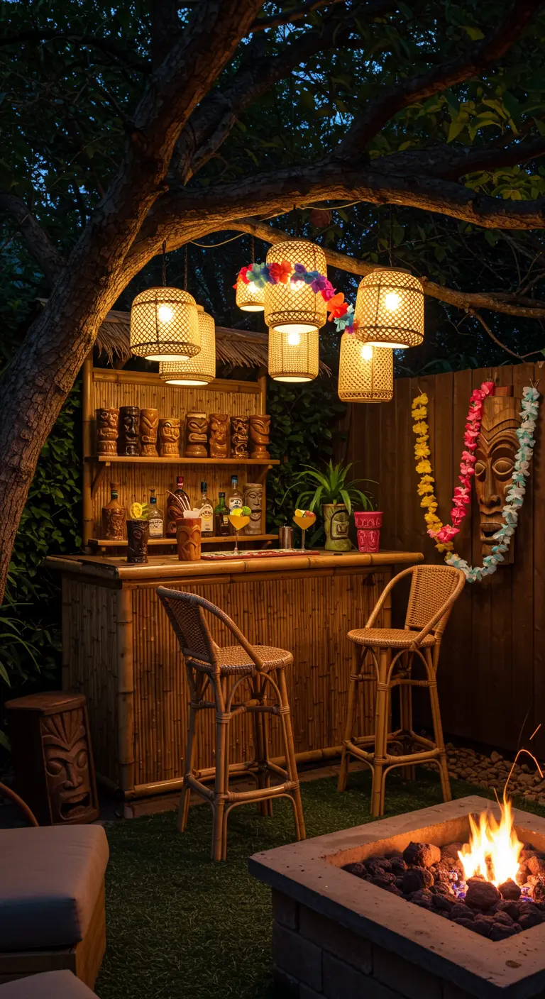 A backyard tiki bar next to a glowing fire pit, with woven lanterns hanging from a tree.
