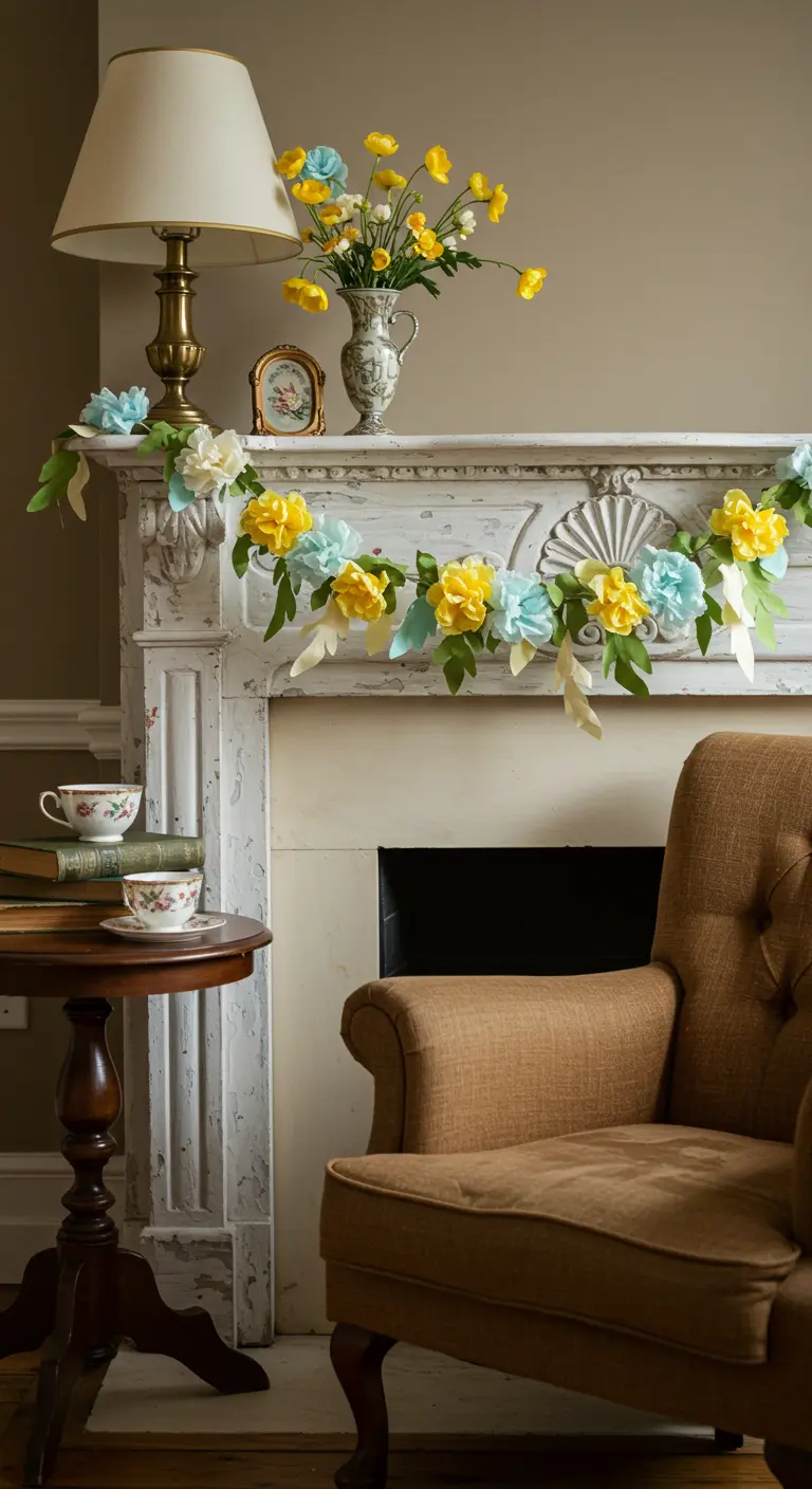 A delicate crepe paper garland with yellow and blue flowers draped on a white vintage mantelpiece.