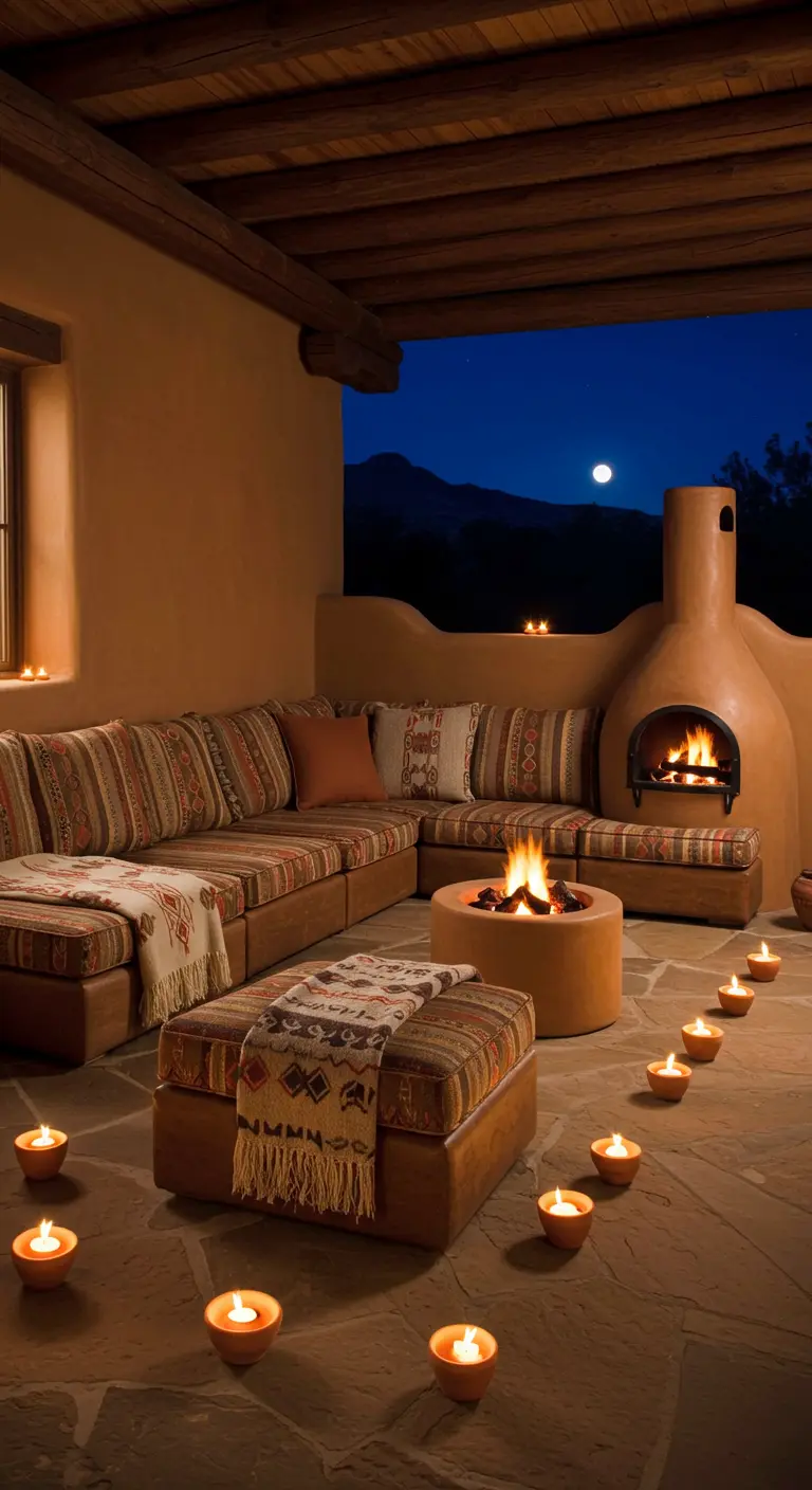 A Southwestern-style patio with a kiva fireplace, patterned cushions, and a path of candles.
