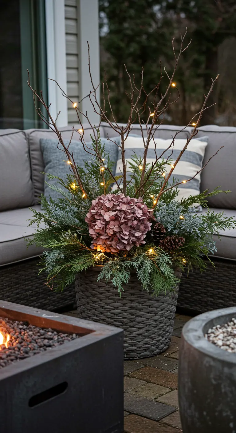A woven basket planter with a mauve hydrangea and fairy lights next to a fire pit.