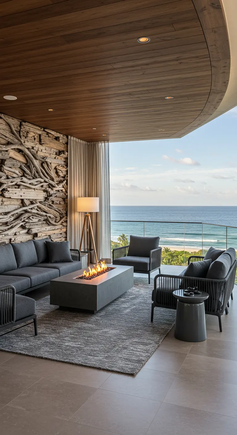 A luxurious terrace with a driftwood art wall, a central fire pit, and dark gray seating.