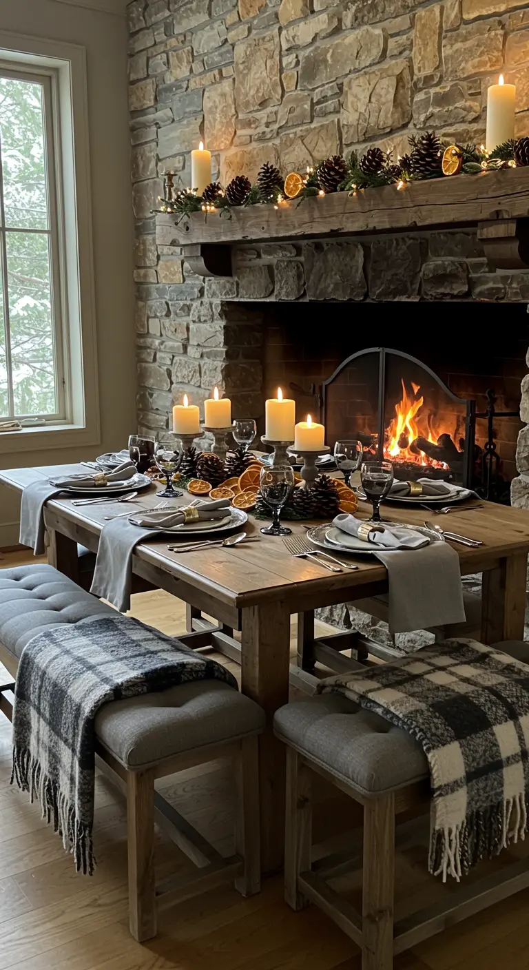 Cozy winter table by a fireplace with plaid throws and a pinecone runner.