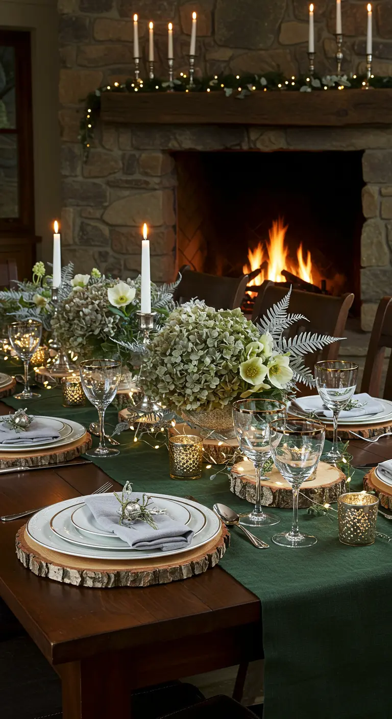 A cozy table by a fireplace with a green runner, white hydrangeas, and many candles.