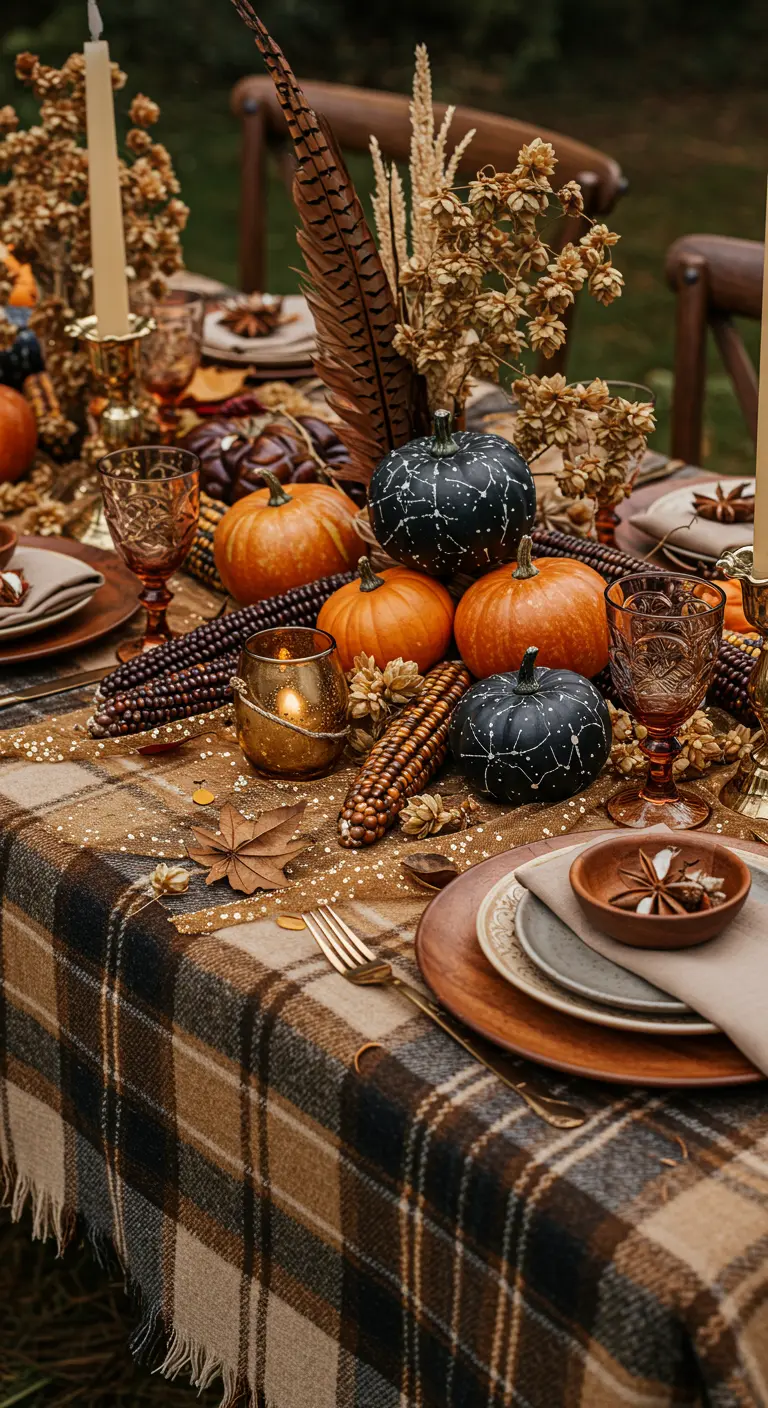 A cozy Thanksgiving table featuring a plaid blanket tablecloth, a gold runner, pumpkins, and pheasant feathers.
