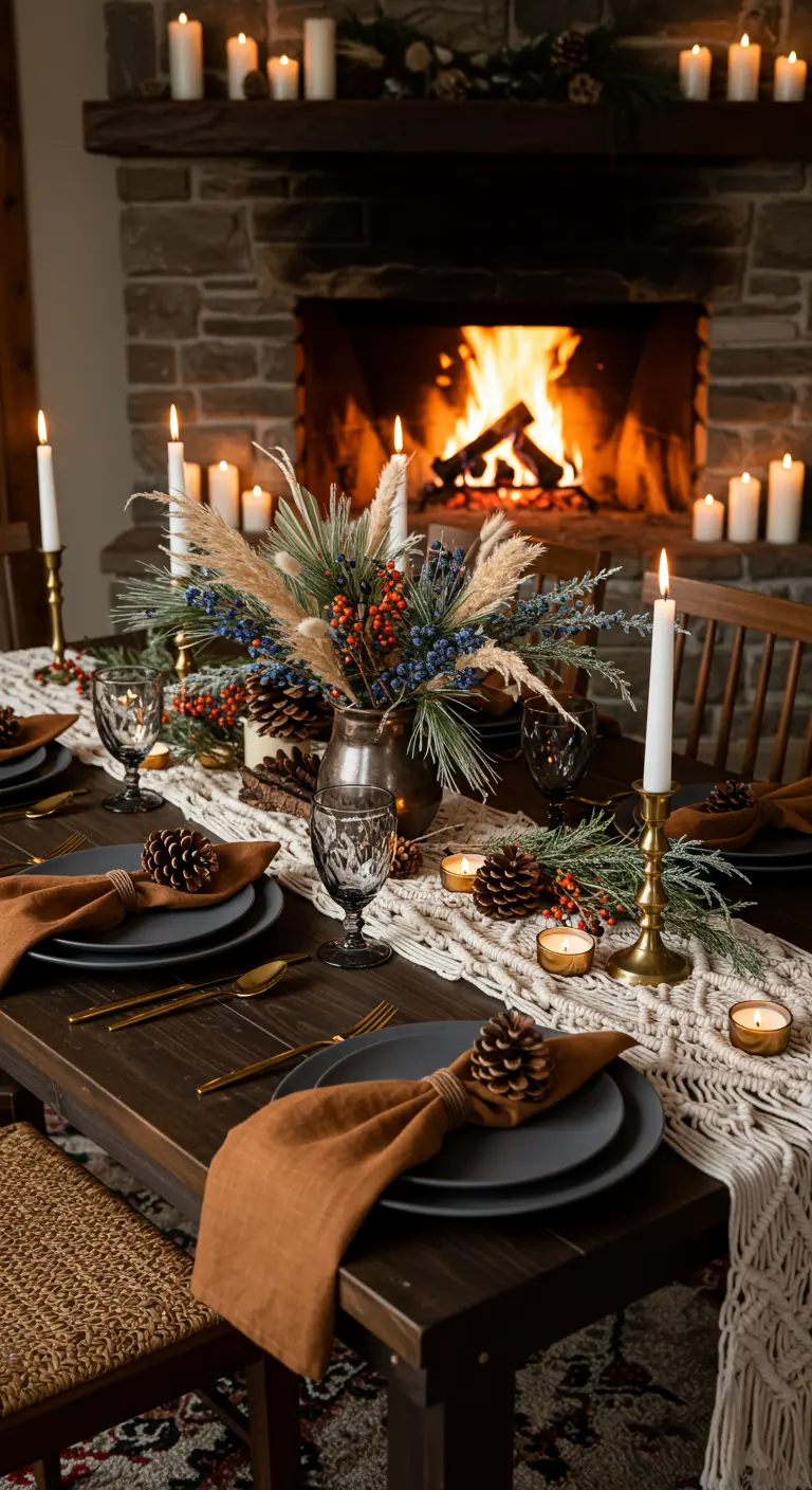 Cozy winter tablescape by a fire with a macramé runner, pampas grass, and pinecones.