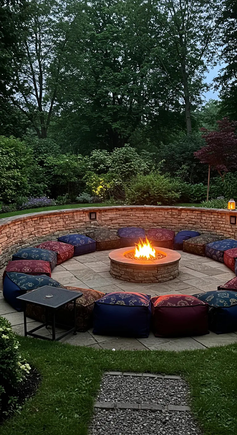 Dark patterned poufs arranged in a semicircle around a built-in stone fire pit on a patio.