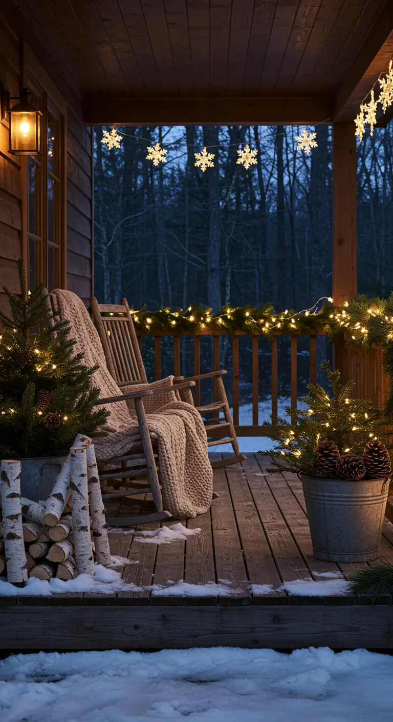 Cozy winter porch with rocking chairs, a knit blanket, birch logs, and snowflake lights.