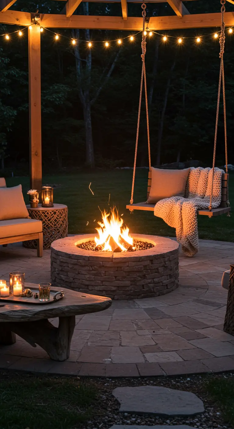 Patio at night with a lit fire pit, driftwood coffee table, and a rope swing with a blanket.