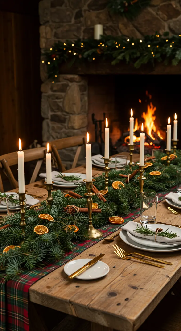 Rustic Christmas table with evergreen garland, dried oranges, and taper candles by a fireplace.