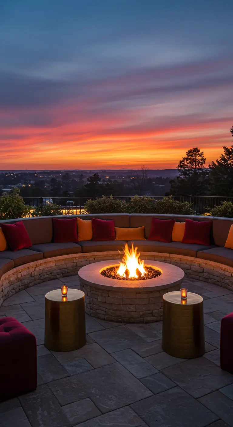 A circular stone fire pit at sunset, surrounded by seating with red and orange velvet cushions.