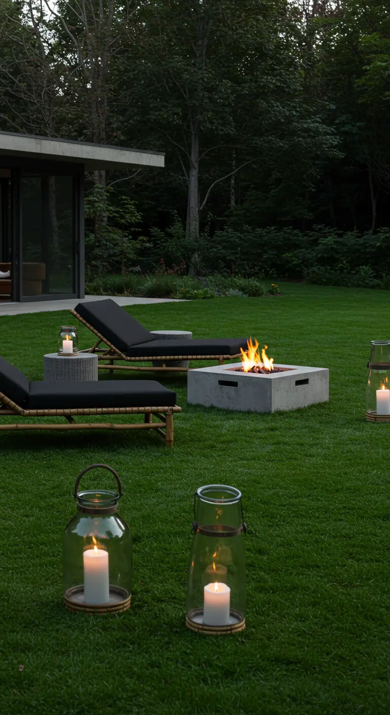 Two bamboo loungers on a lawn facing a modern concrete fire pit, with clear glass lanterns.