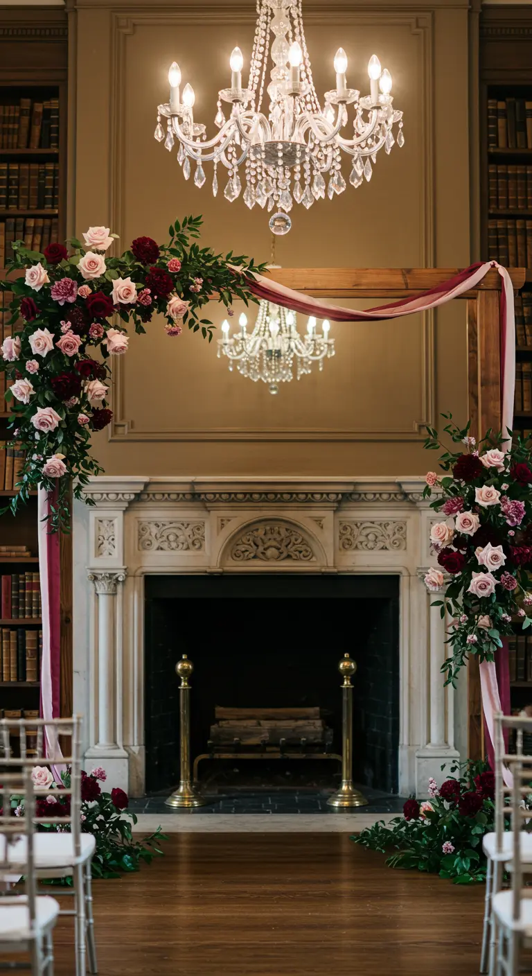 A wedding arch in front of a fireplace in a library, decorated with ribbons.
