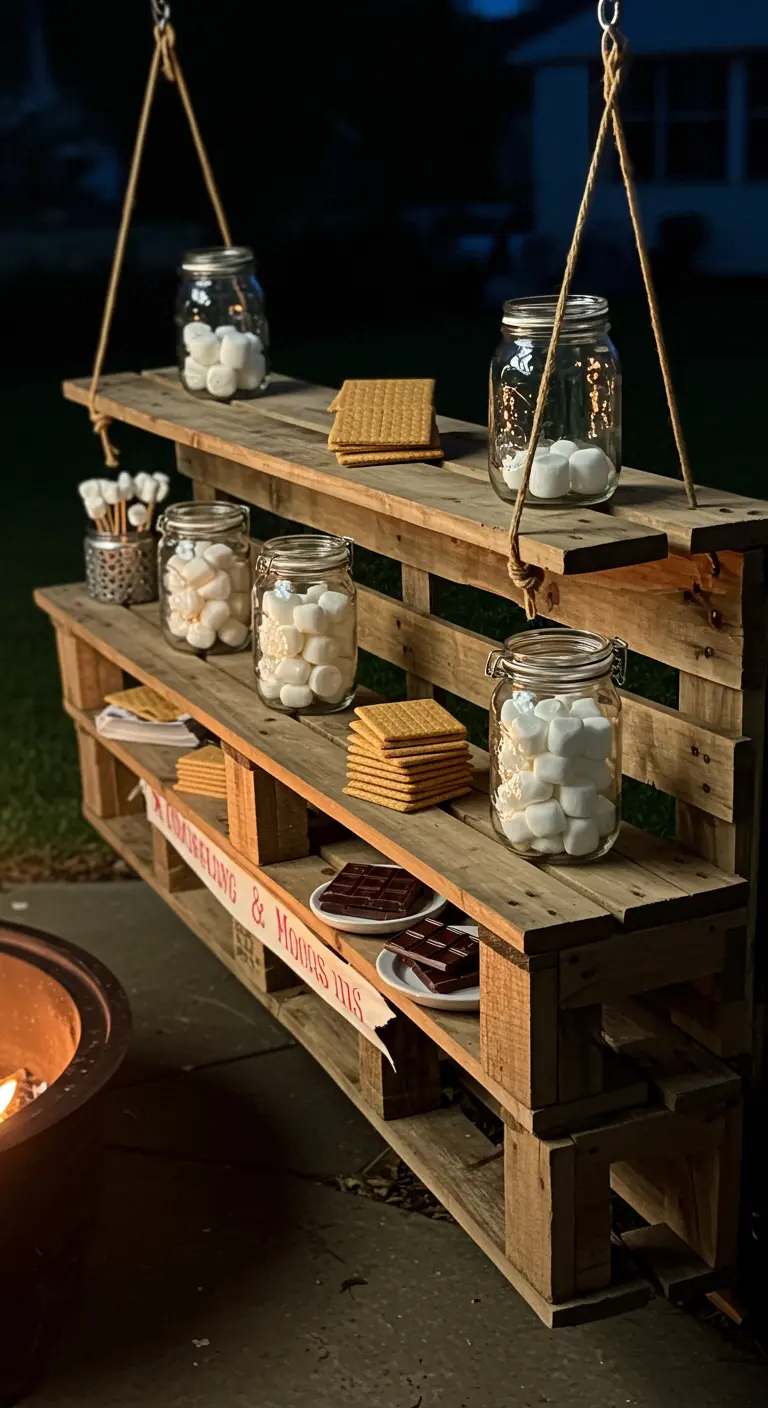 A tiered pallet bar next to a fire pit is set up as a s'mores station with ingredients in jars.
