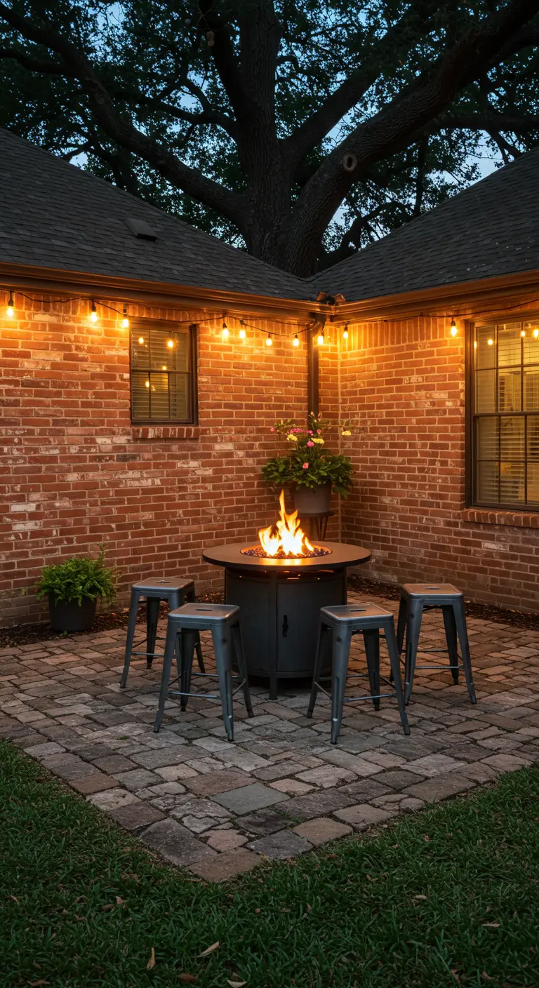Industrial steel stools around a fire pit on a brick patio.