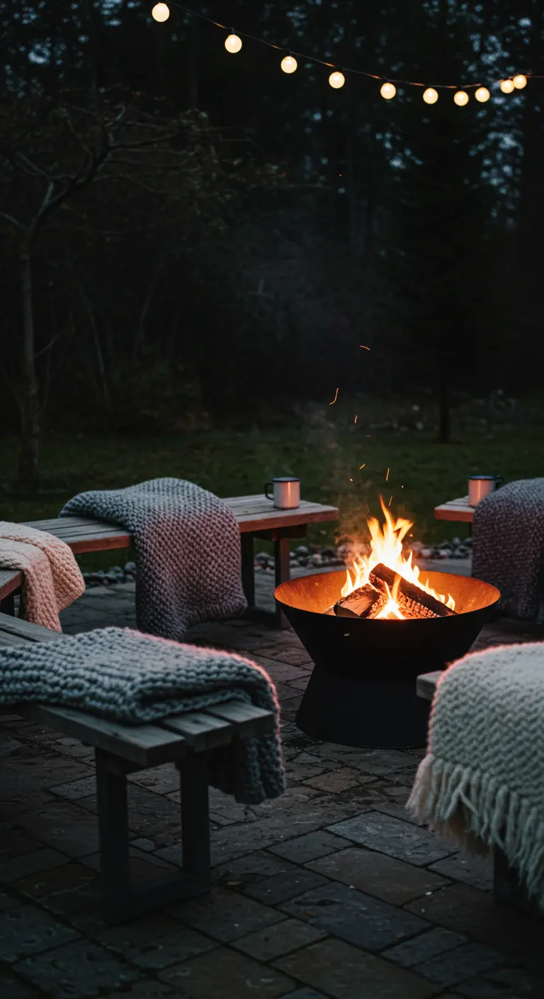 An outdoor fire pit at dusk, surrounded by benches with cozy knit blankets.