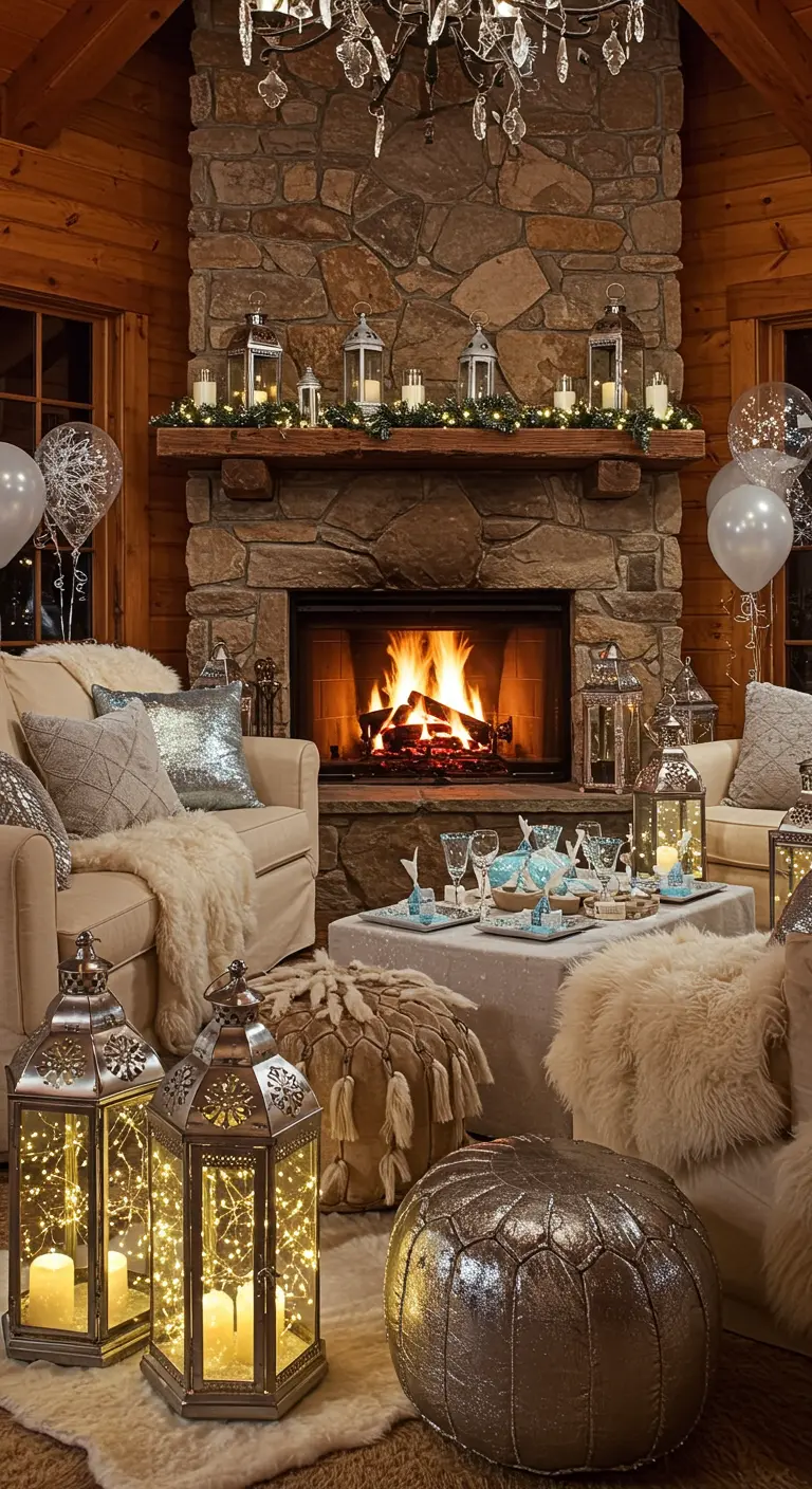 A cozy living room with a fireplace, decorated with silver lanterns and metallic poufs.