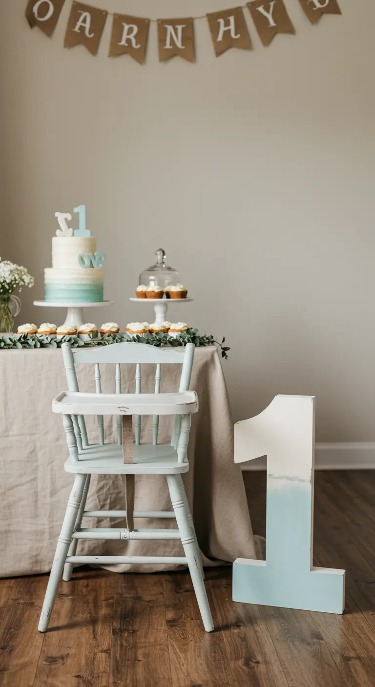 A painted blue and white highchair next to a matching large number one prop.