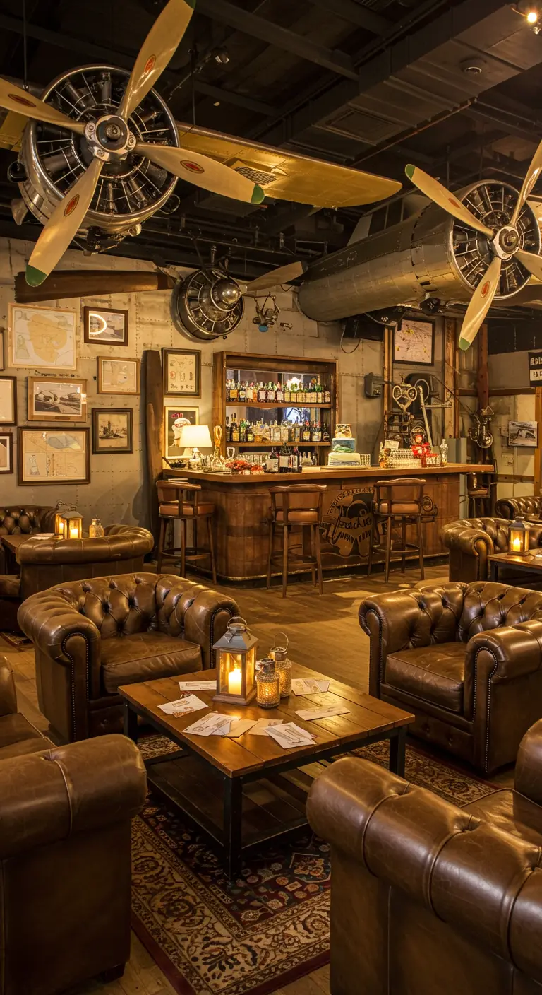 Aviation-themed bar with leather armchairs and propeller decor.