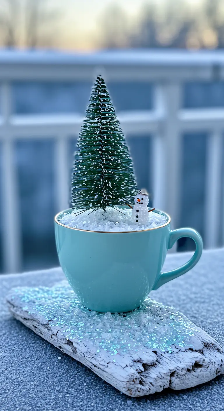 A turquoise teacup holding a mini snowy Christmas tree, set on a glitter-dusted driftwood piece.