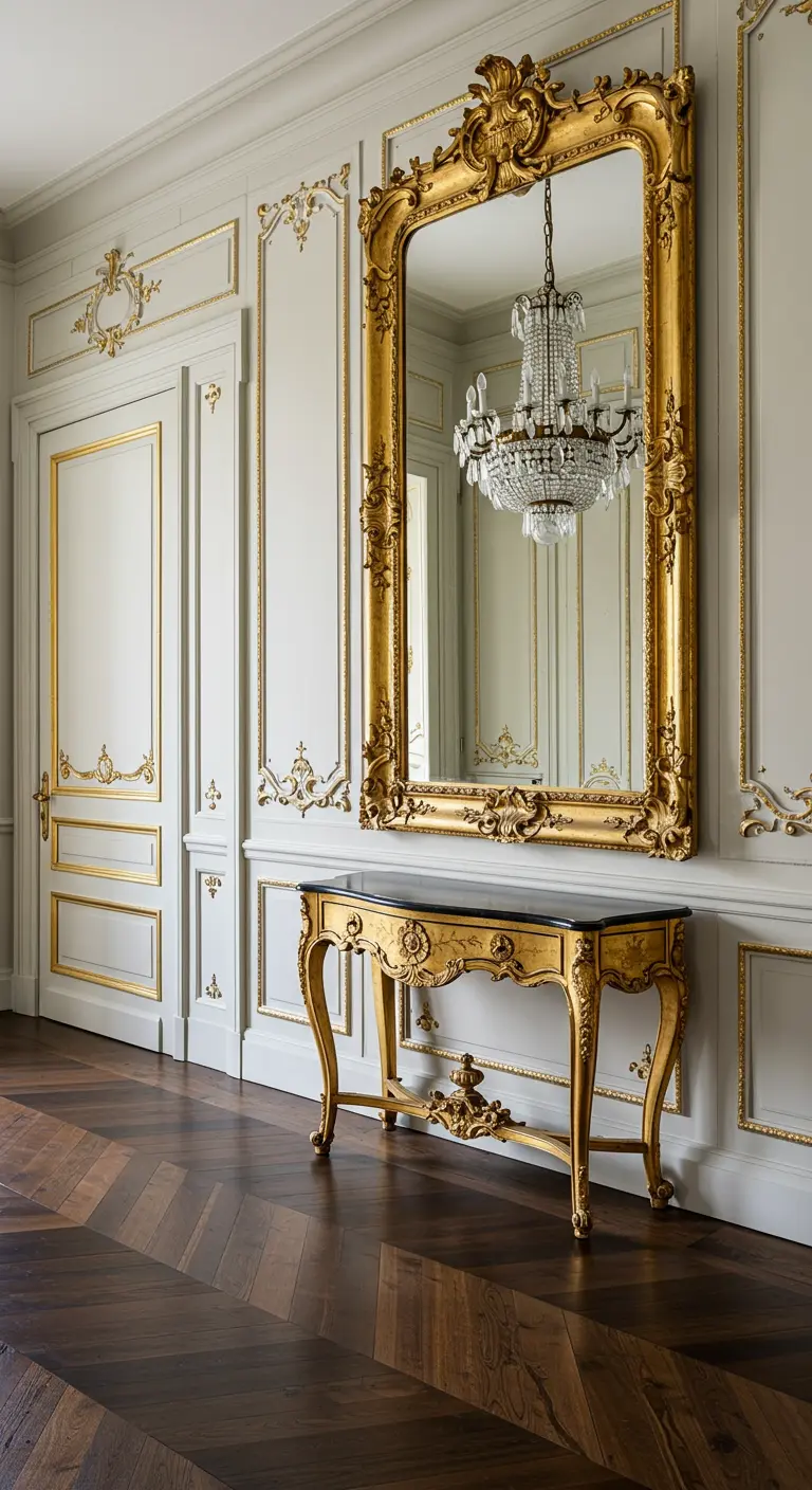 Entryway with an oversized ornate gold mirror over a matching console table and dark floors.