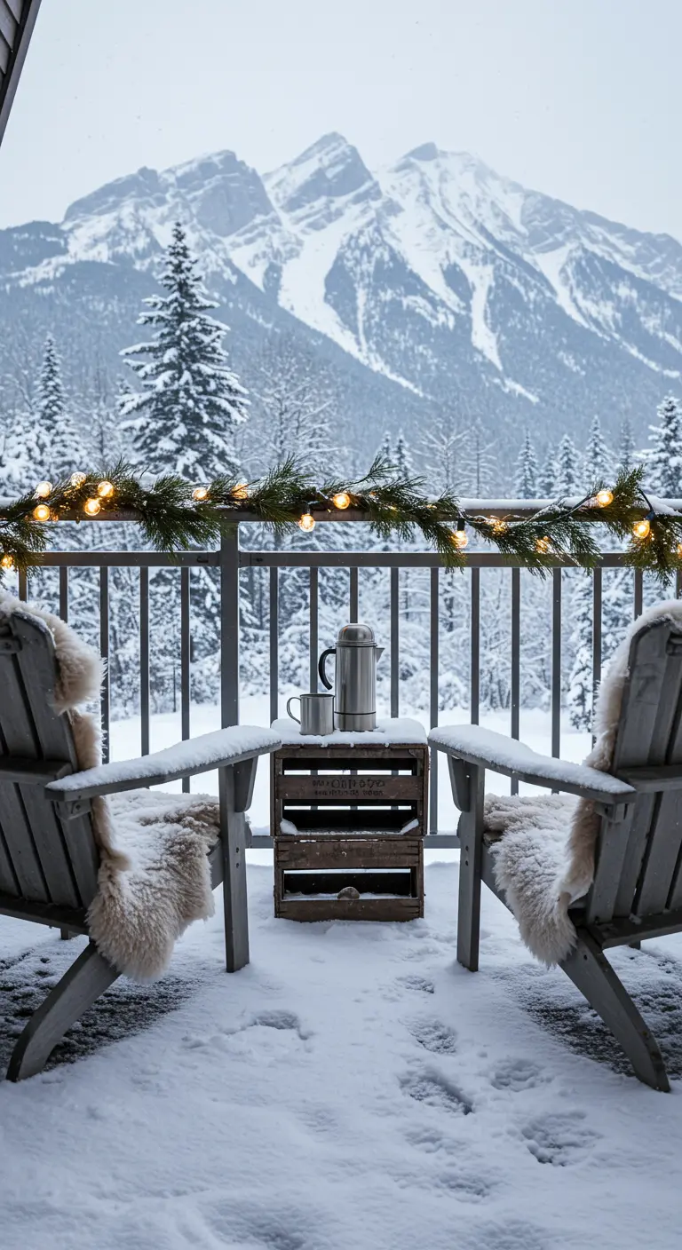 Two snow-dusted chairs and a table on a balcony with a lit garland.