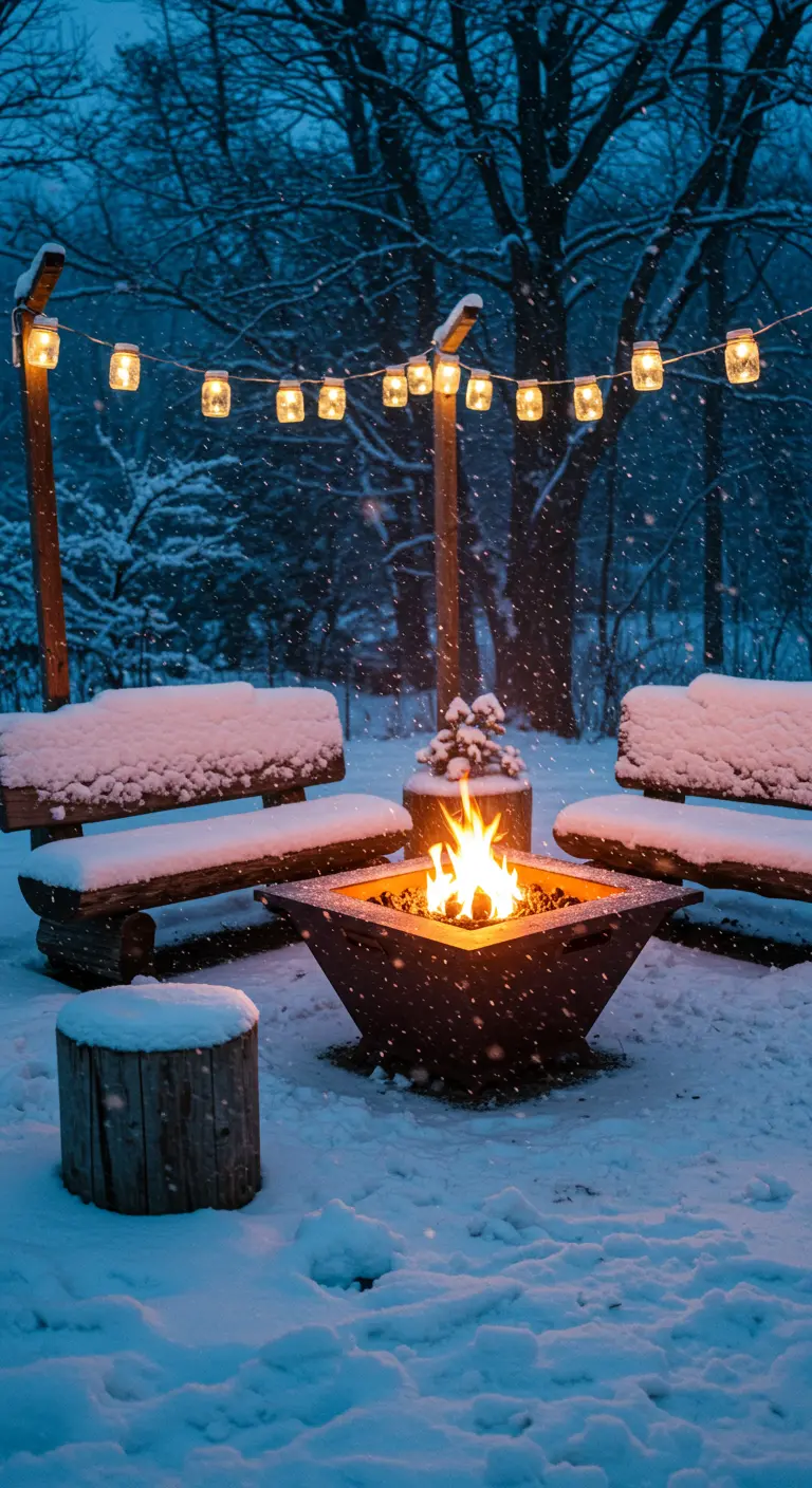 A fire pit and snow-covered log benches in a forest during a heavy snowfall.